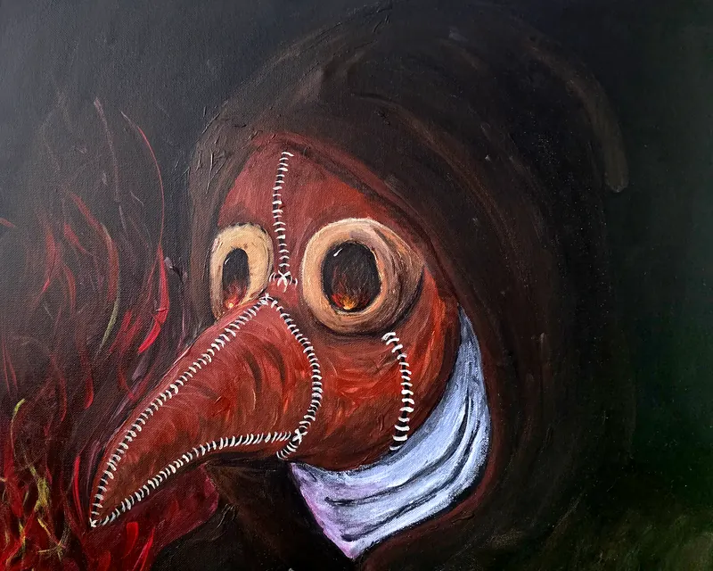 The Cure: painting of a plague doctor in a red stitched mask